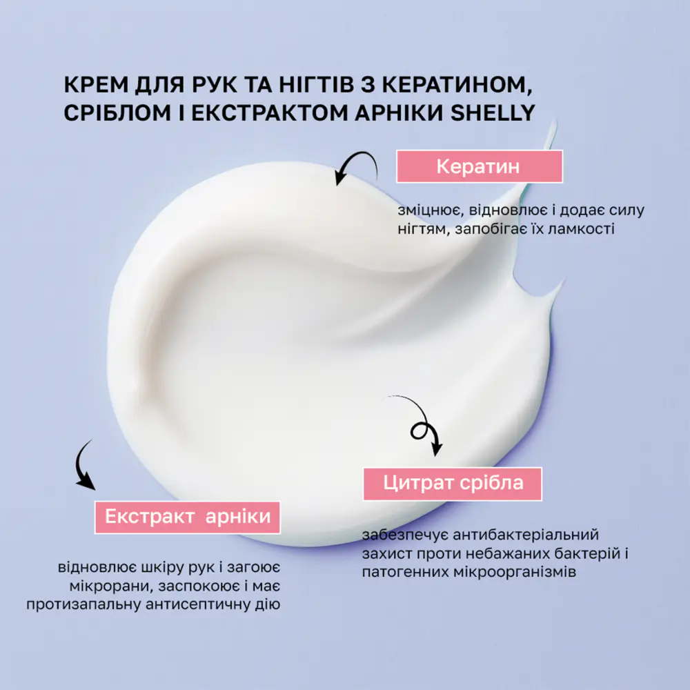 Крем для рук та нігтів з кератином, сріблом і екстрактом арніки Shelly 45 мл - фото 2